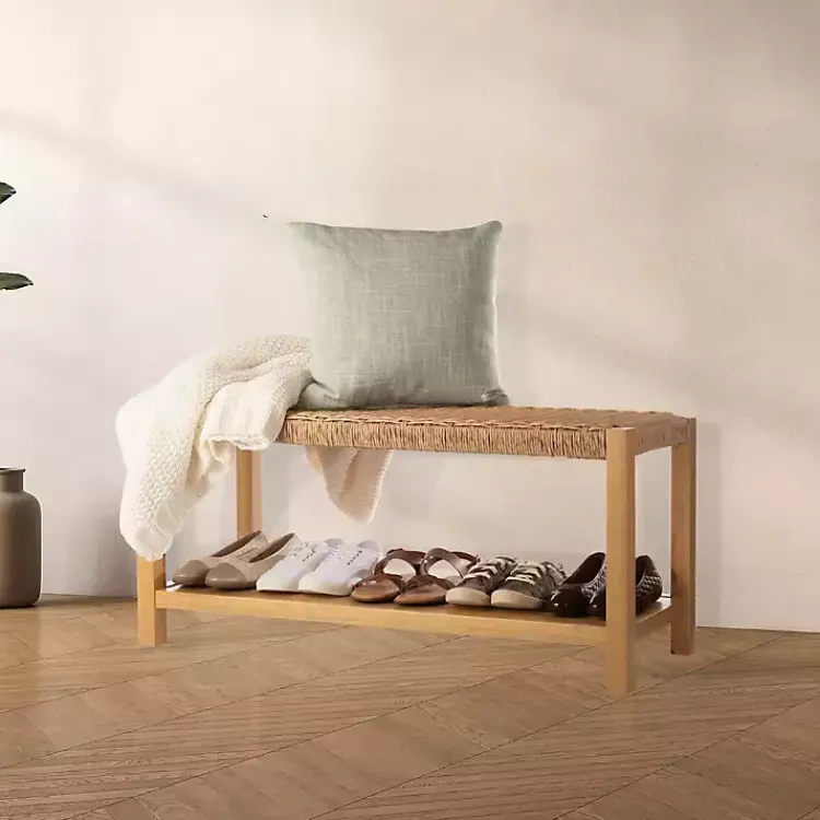Kirklands Home Newport Natural Wood and Rattan Bench with Shelf Brown Online