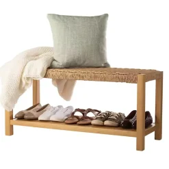 Kirklands Home Newport Natural Wood and Rattan Bench with Shelf Brown Online