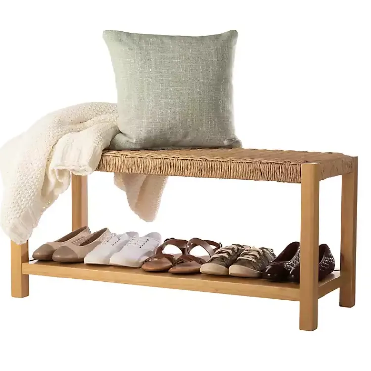 Kirklands Home Newport Natural Wood and Rattan Bench with Shelf Brown Online