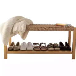 Kirklands Home Newport Natural Wood and Rattan Bench with Shelf Brown Online