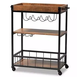 Kirklands Home Oak and Black Metal Bar Cart with Bottle Rack New