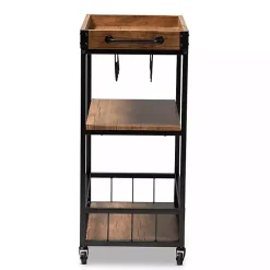 Kirklands Home Oak and Black Metal Bar Cart with Bottle Rack New
