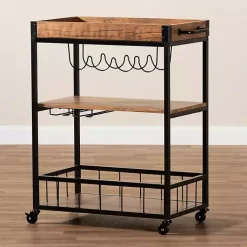 Kirklands Home Oak and Black Metal Bar Cart with Bottle Rack New