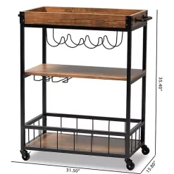 Kirklands Home Oak and Black Metal Bar Cart with Bottle Rack New
