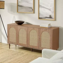 Kirklands Home Oak and Natural Rattan 4-Door Sideboard Brown Best