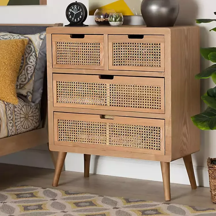 Kirklands Home Oak and Rattan 4-Drawer Chest Outlet