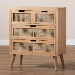 Kirklands Home Oak and Rattan 4-Drawer Chest Outlet