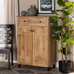 Kirklands Home Oak 2-Door Grid Shoe Storage Cabinet Tan Best