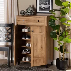Kirklands Home Oak 2-Door Grid Shoe Storage Cabinet Tan Best