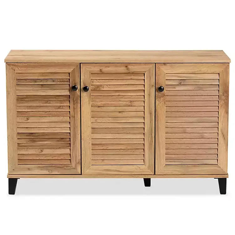 Kirklands Home Oak 3-Door Slatted Shoe Storage Cabinet Brown New