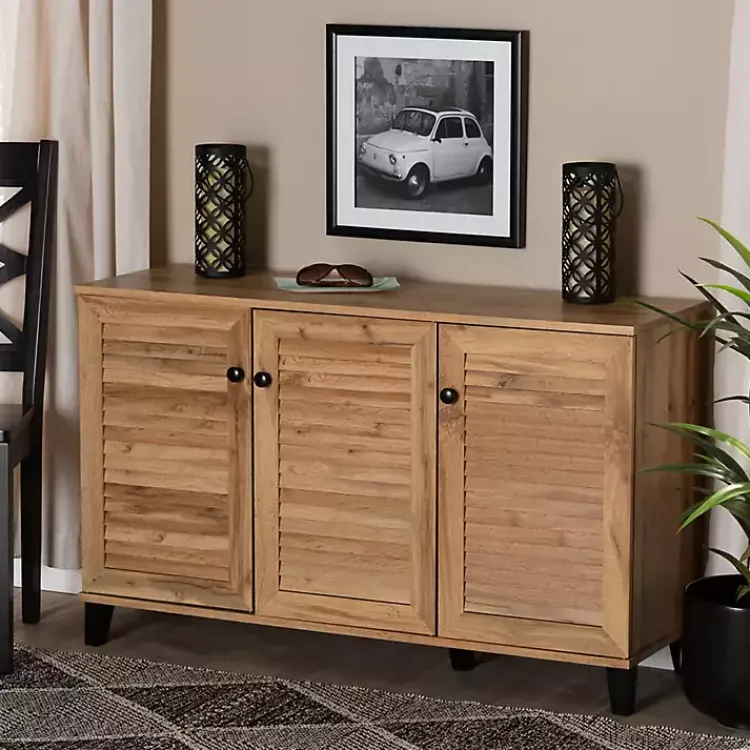 Kirklands Home Oak 3-Door Slatted Shoe Storage Cabinet Brown New
