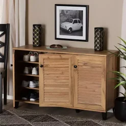 Kirklands Home Oak 3-Door Slatted Shoe Storage Cabinet Brown New