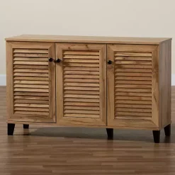 Kirklands Home Oak 3-Door Slatted Shoe Storage Cabinet Brown New