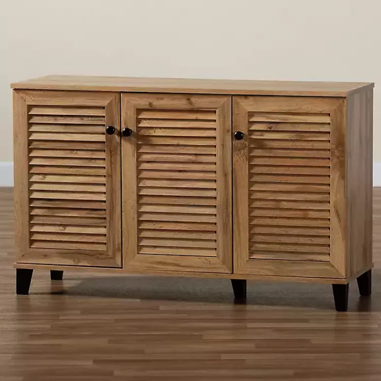 Kirklands Home Oak 3-Door Slatted Shoe Storage Cabinet Brown New