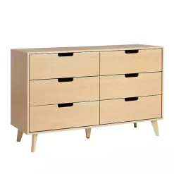 Kirklands Home Oak Wood Simple Grooved Handle 6-Drawer Dresser Tan New