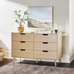 Kirklands Home Oak Wood Simple Grooved Handle 6-Drawer Dresser Tan New