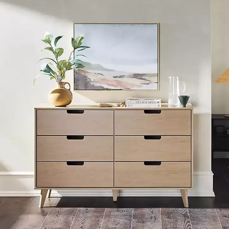 Kirklands Home Oak Wood Simple Grooved Handle 6-Drawer Dresser Tan New