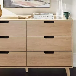 Kirklands Home Oak Wood Simple Grooved Handle 6-Drawer Dresser Tan New