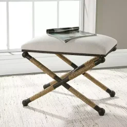 Kirklands Home Oatmeal Upholstered Wrapped Rope Frame Bench Ivory Sale