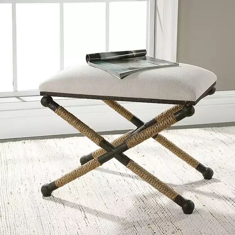 Kirklands Home Oatmeal Upholstered Wrapped Rope Frame Bench Ivory Sale
