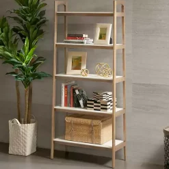 Kirklands Home Off White Wood Shelves with Natural Frame Bookcase Clearance
