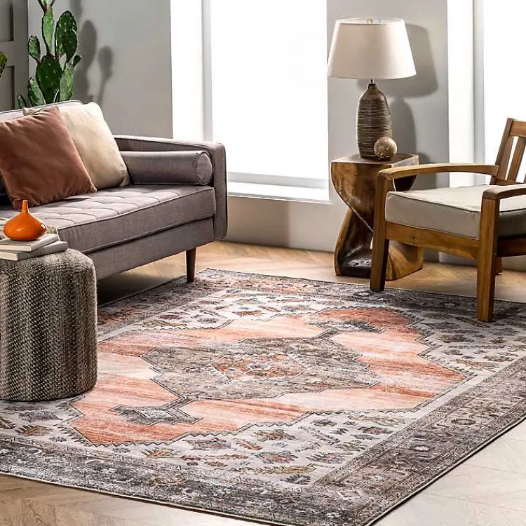 Kirklands Home Orange Distressed Medallion Washable Runner Outlet