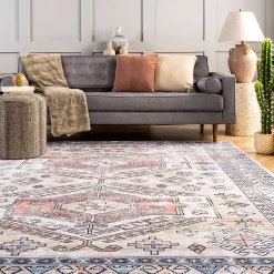 Kirklands Home Orange Global Motif Washable Area Rug, 4x6 New