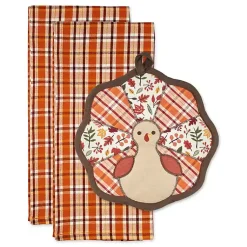 Fall>Kirklands Home Orange Plaid Turkey 3-pc. Potholder & Towel Set