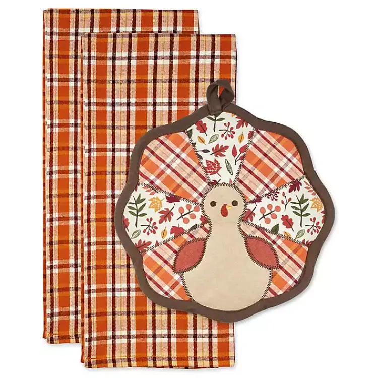 Fall>Kirklands Home Orange Plaid Turkey 3-pc. Potholder & Towel Set