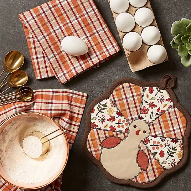 Fall>Kirklands Home Orange Plaid Turkey 3-pc. Potholder & Towel Set