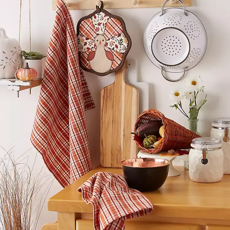 Fall>Kirklands Home Orange Plaid Turkey 3-pc. Potholder & Towel Set