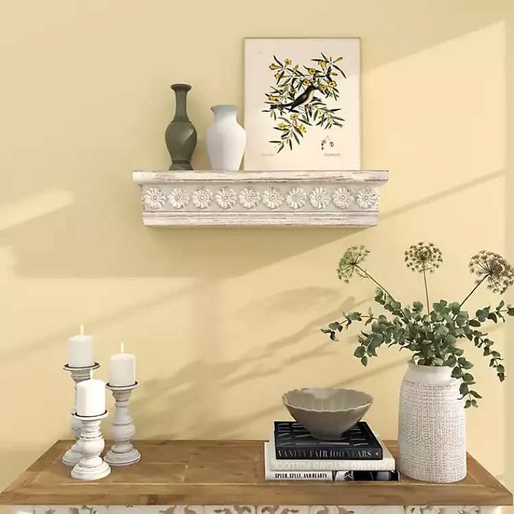 Kirklands Home Ornate Farmhouse Wooden Wall Shelf, 28 in. White