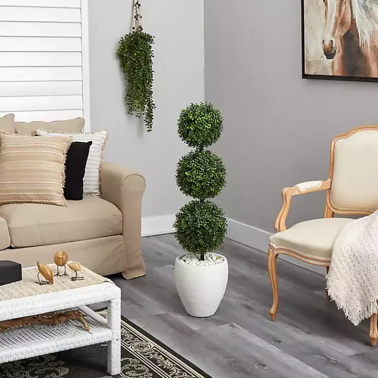Trees & Topiaries>Kirklands Home Outdoor Ball Boxwood Topiary in White Planter