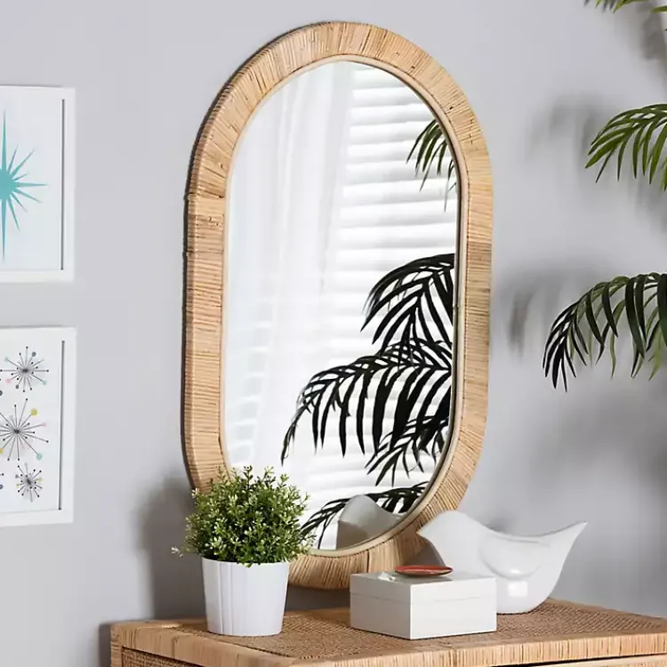 Kirklands Home Oval Mahogany and Rattan Wall Mirror Hot