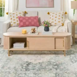 Kirklands Home Oval Ribbed Sliding Doors Coffee Table Tan Sale