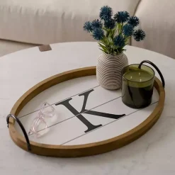 Decorative Trays>Kirklands Home Oval Wood Monogram K Tray White