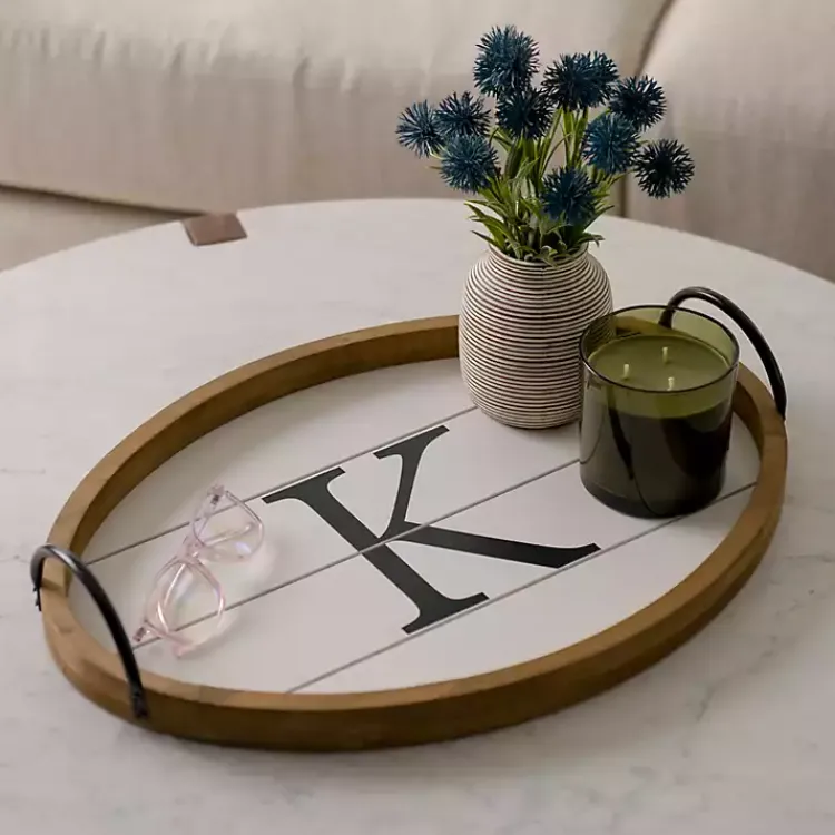 Decorative Trays>Kirklands Home Oval Wood Monogram K Tray White