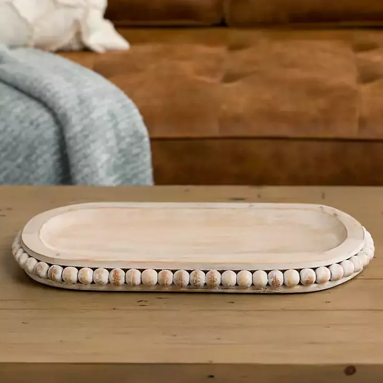 Decorative Trays>Kirklands Home Oval Whitewashed Beaded Wood Tray