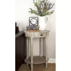 Kirklands Home Oval washed Pine Wood Side Table White Discount