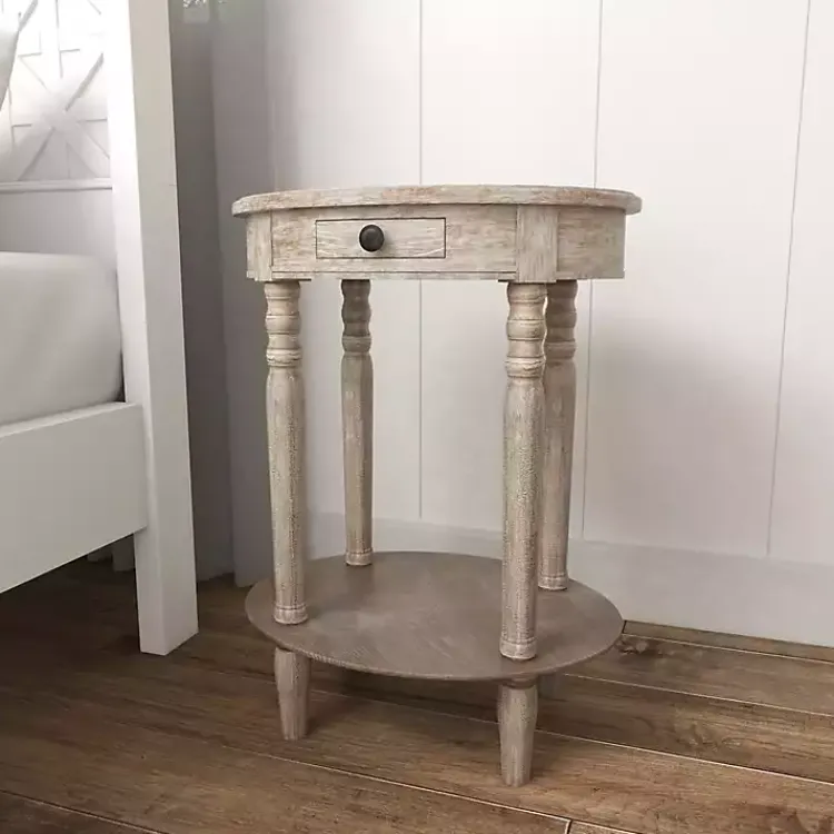 Kirklands Home Oval washed Pine Wood Side Table White Discount