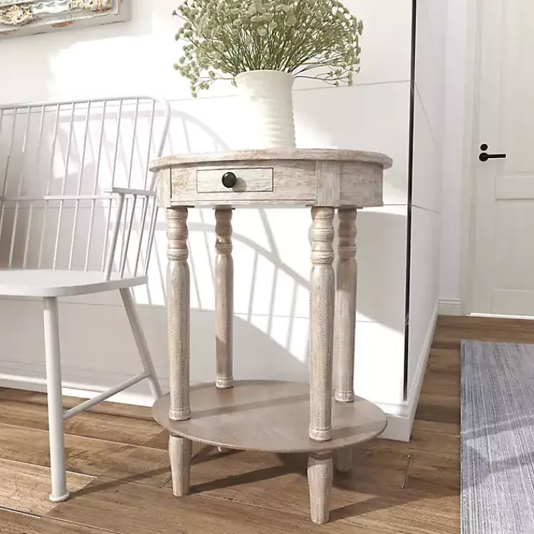 Kirklands Home Oval washed Pine Wood Side Table White Discount