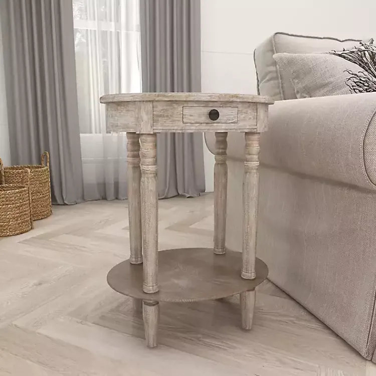 Kirklands Home Oval washed Pine Wood Side Table White Discount