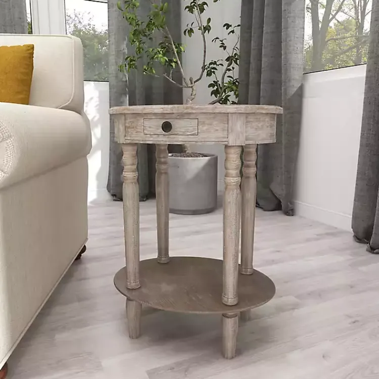 Kirklands Home Oval washed Pine Wood Side Table White Discount