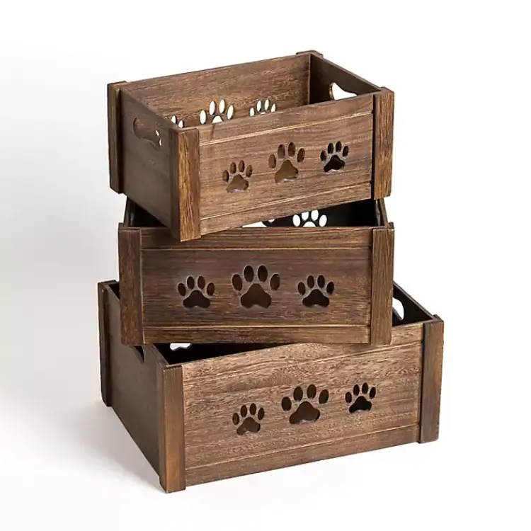 Baskets & Boxes>Kirklands Home Paw Print Cutout Wooden Crates, Set of 3 Brown