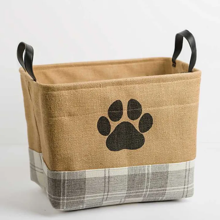 Baskets & Boxes>Kirklands Home Paw Print Gray Plaid Leather Handle Jute Bin