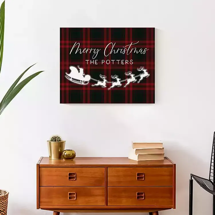 Christmas Art & Wall Decor>Kirklands Home Personalized Plaid Santa Sleigh Canvas Wall Plaque