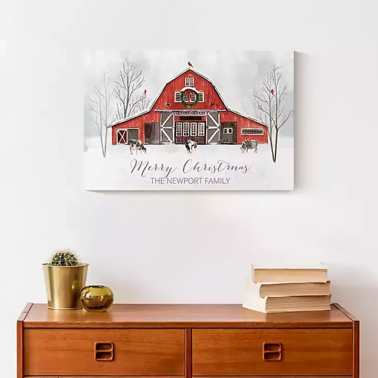 Christmas Art & Wall Decor>Kirklands Home Personalized Red Holiday Barn Canvas Art Print