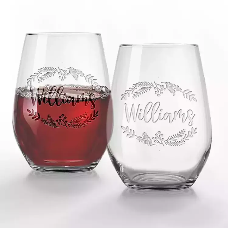 Christmas Dining & Entertaining>Kirklands Home Personalized Wreath Etched Wine Glasses, Set of 2 Clear