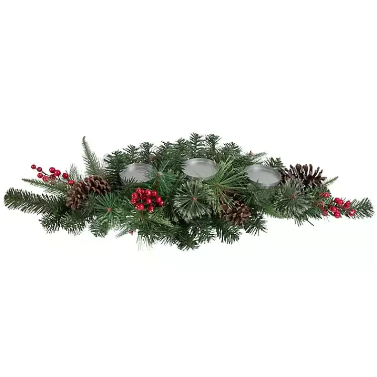 Christmas Centerpieces>Kirklands Home Pine and Berry Pillar Candle Centerpiece Green