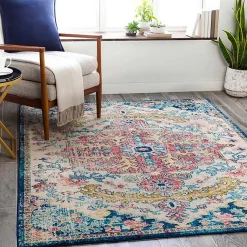 Kirklands Home Pink and Blue Traditional Medallion Area Rug, 8x12